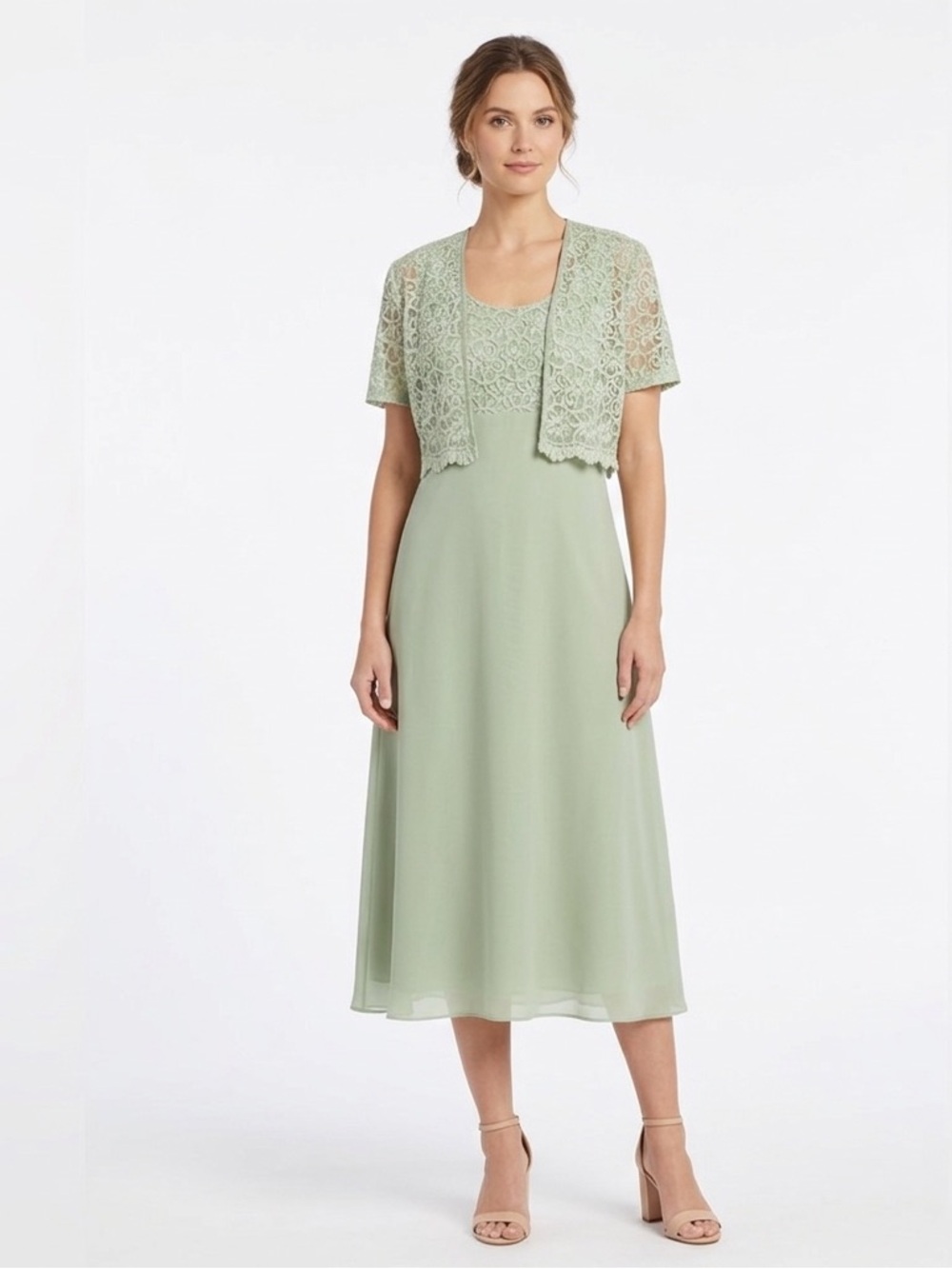 Poly USA Women Large Dress Elegant Sage Green & Lace Bolero  45.5” Dress Length